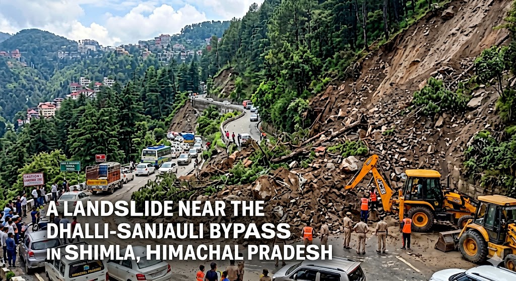 A landslide near the Dhalli-Sanjauli bypass in Shimla, Himachal Pradesh