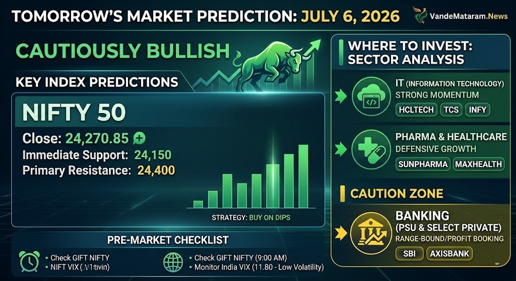 Indian stock market for tomorrow, Monday, July 6, 2026, along with key investment zones to watch.